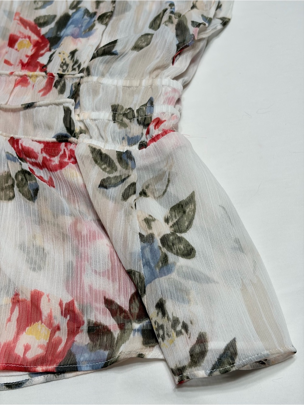 White House Black Market Floral V-Neck Peplum Blouse - White/Pink/Blue - Picture 15 of 16